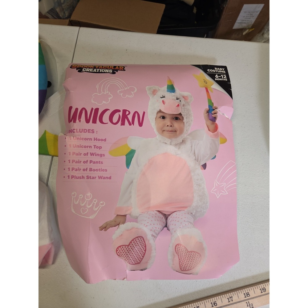 NWT Baby Unicorn Costume 6–12 Months Plush Rainbow Wings Hood Complete Halloween